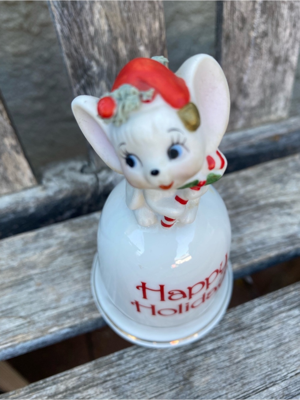 Holiday Mouse Porcelain Bell - White and Red vintage